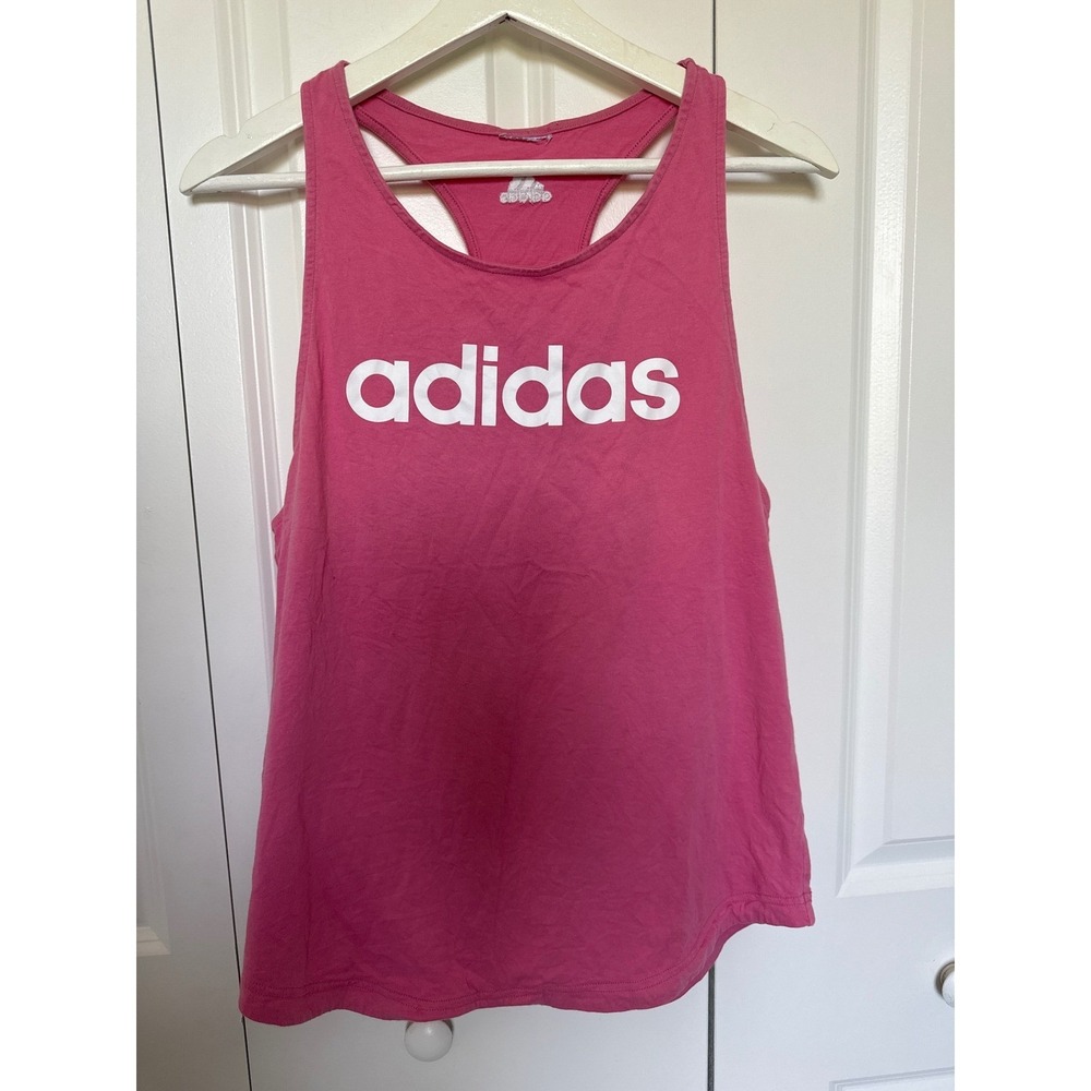 Adidas Womens Essentials Linear Racerback Tank Top‎ Pink White Logo S